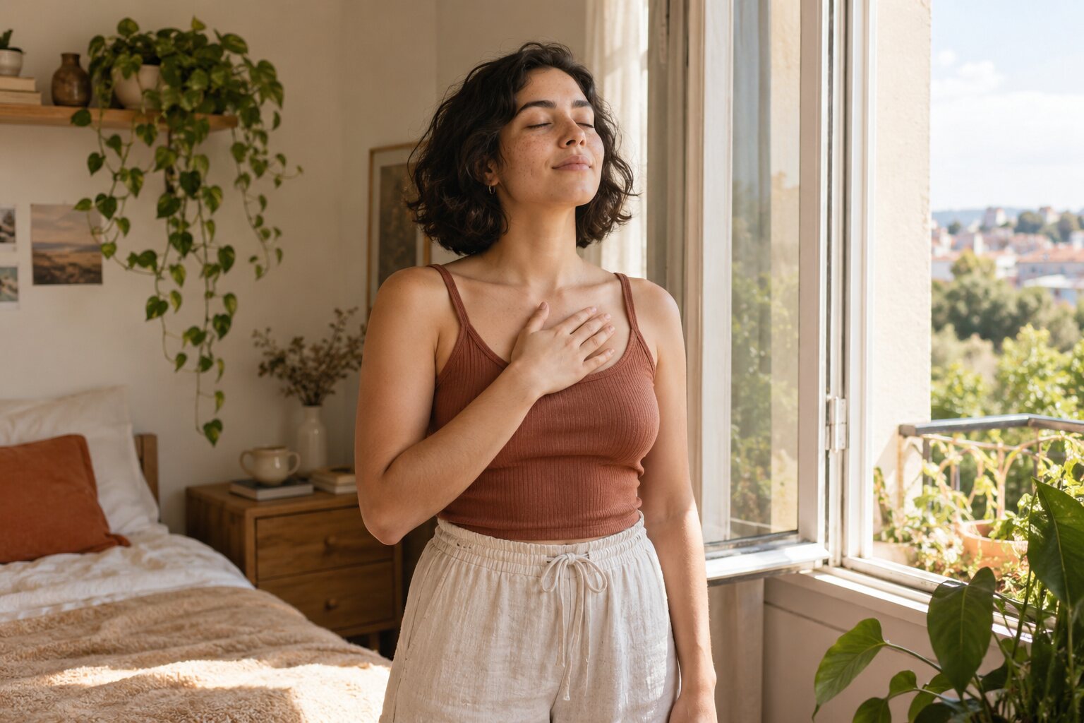 Mujer conectando con su mundo interior durante un momento de despertar