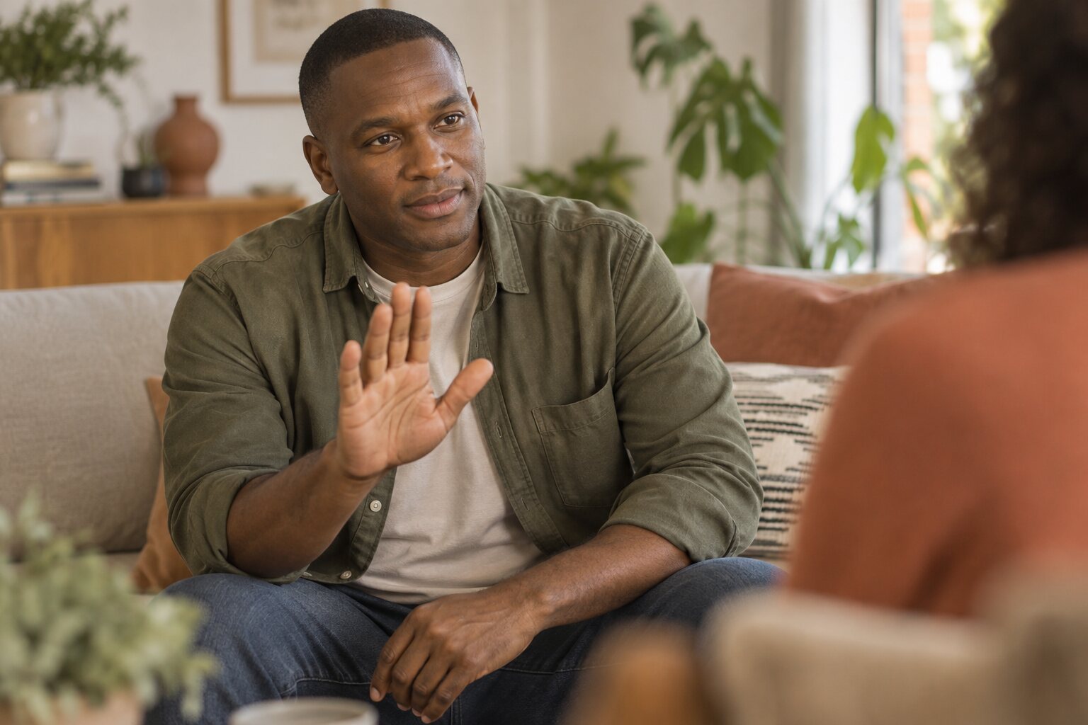 Hombre expresando un límite personal en una conversación respetuosa